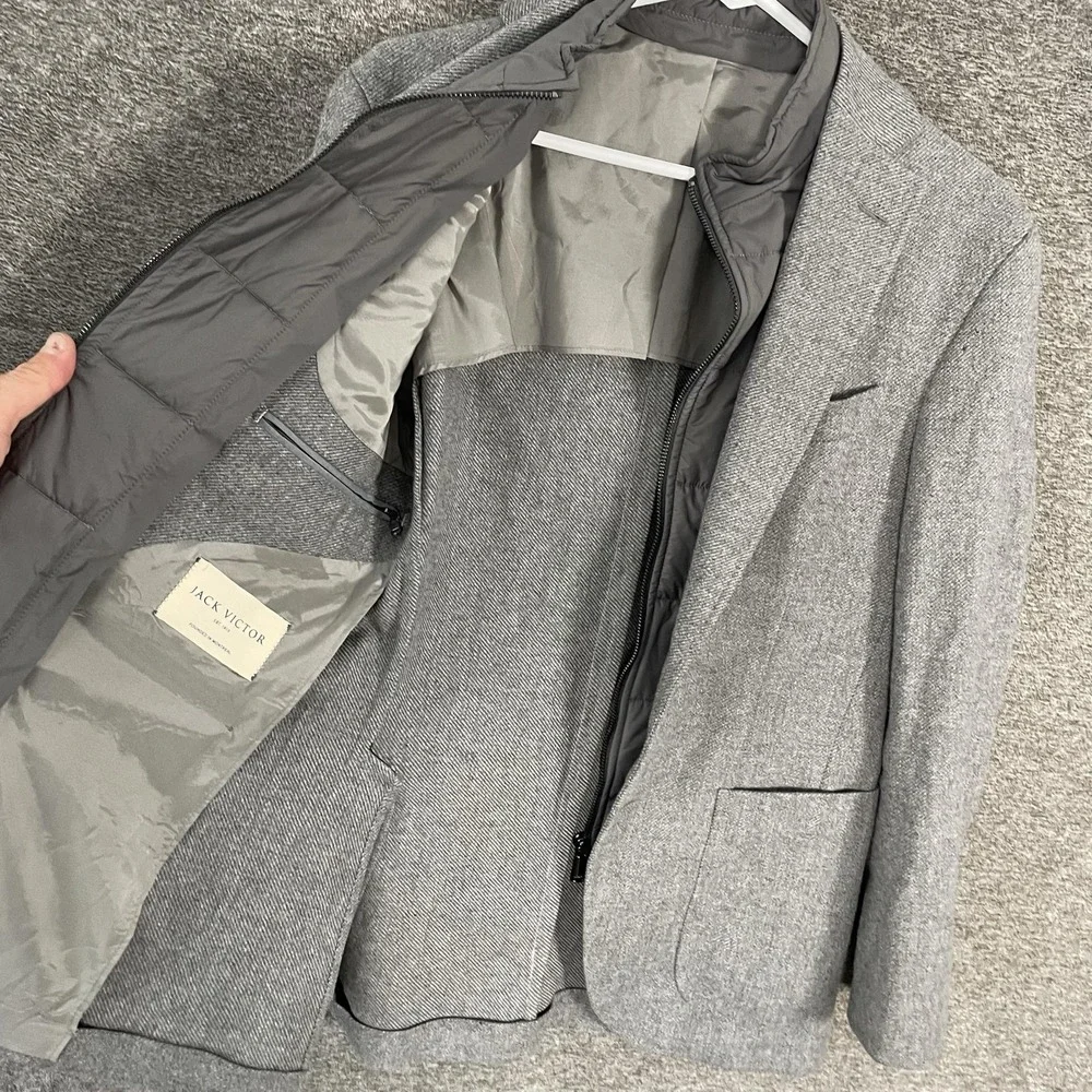 Jack Victor Blazer Mens 36 Gray Herringbone Wool Cashmere Sport Coat Gilet Liner